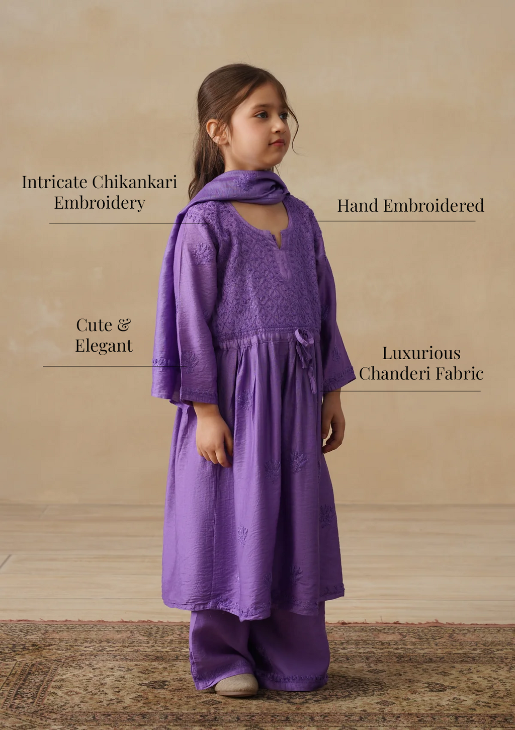 HOC Chanderi Chikankari Solid Girls 3 PC Long Kurta Set - Purple
