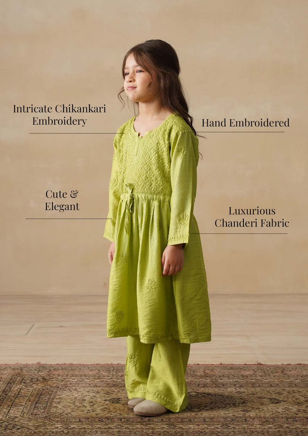HOC Chanderi Chikankari Solid Girls 3 PC Long Kurta Set - Green