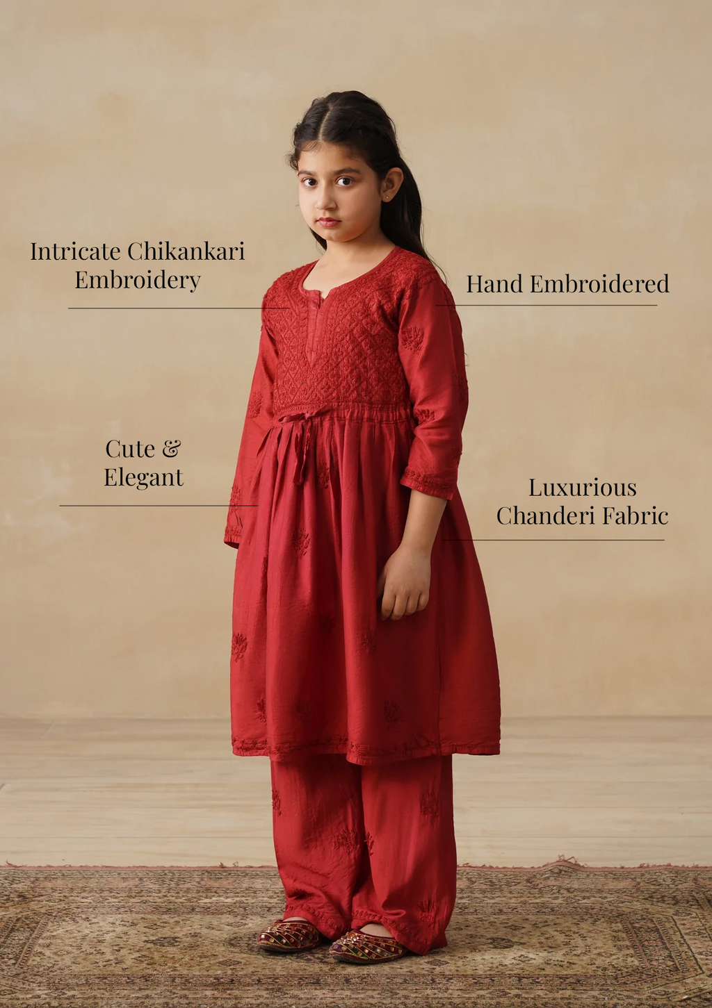 HOC Chanderi Chikankari Solid Girls 3 PC Long Kurta Set - Rust