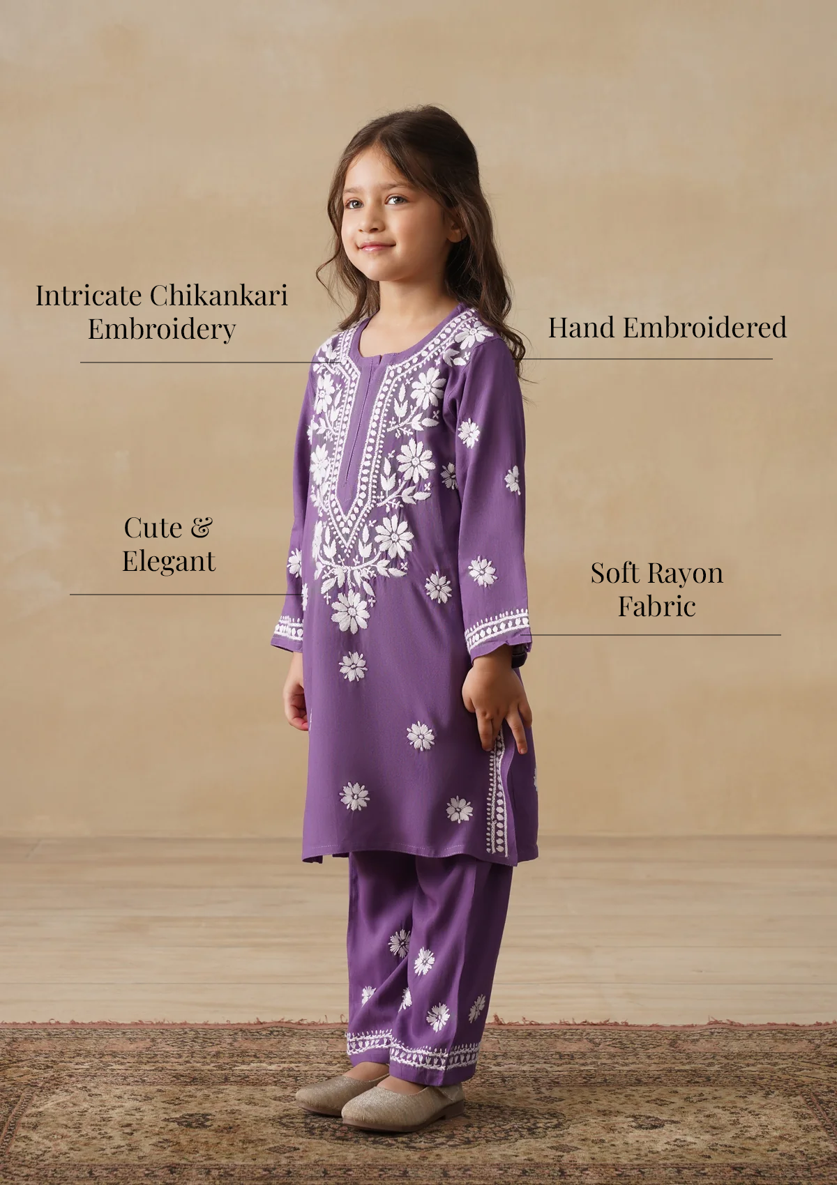 HOC Rayon Chikankari Solid Girls 2 PC Long Kurta Set - Purple