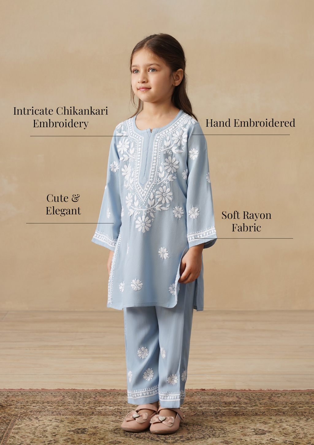 HOC Rayon Chikankari Solid Girls 2 PC Long Kurta Set - Light Blue