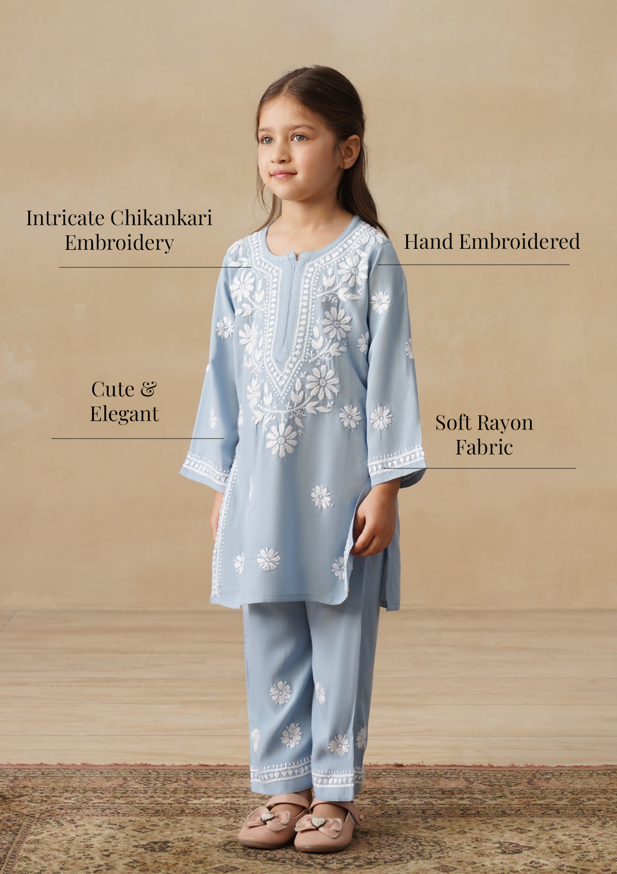 HOC Rayon Chikankari Solid Girls 2 PC Long Kurta Set - Light Blue