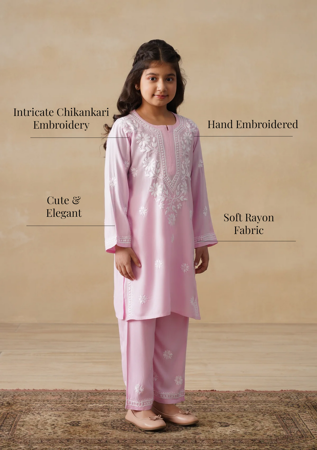 HOC Rayon Chikankari Solid Girls 2 PC Long Kurta Set - Light Pink