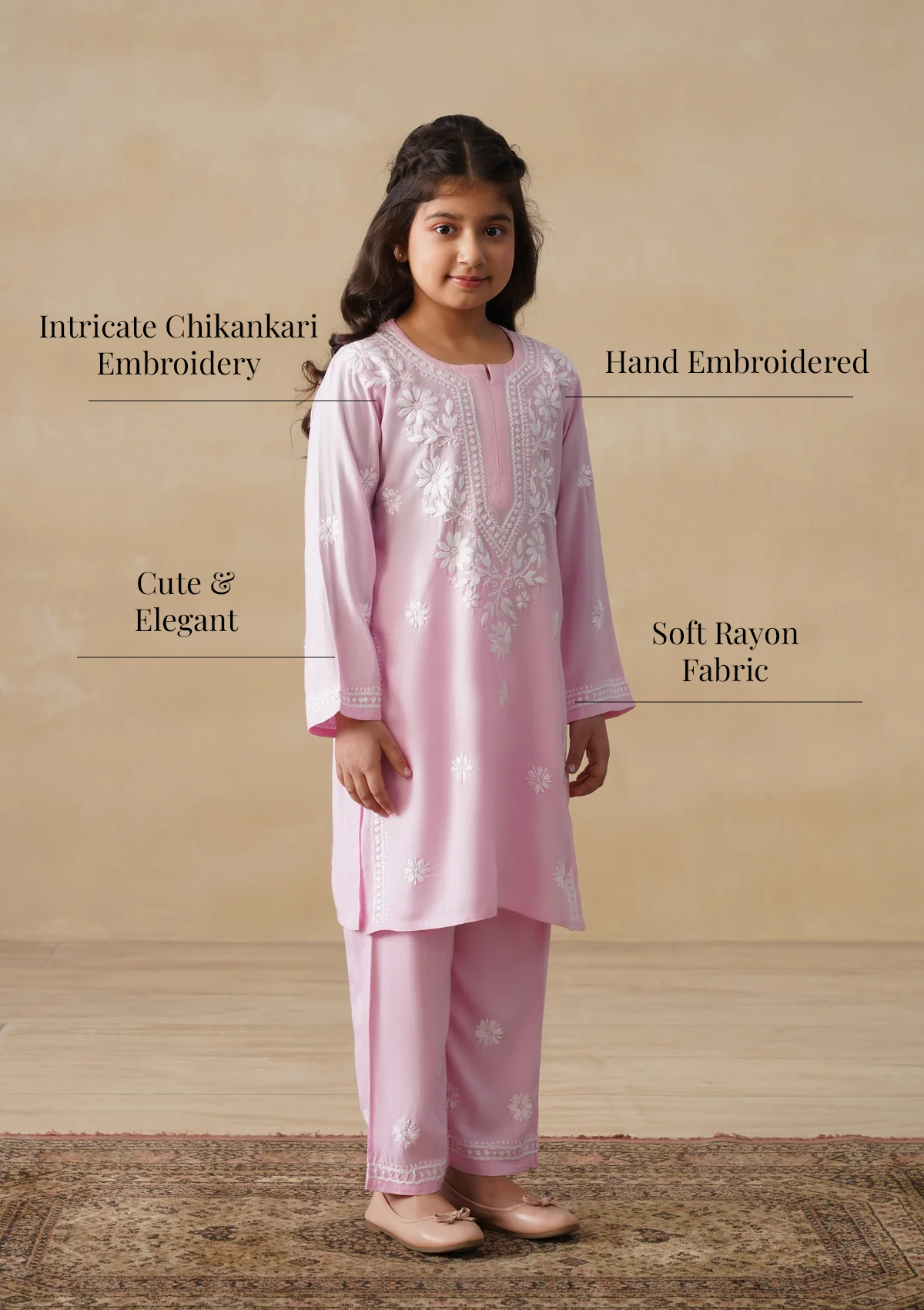 HOC Rayon Chikankari Solid Girls 2 PC Long Kurta Set - Light Pink