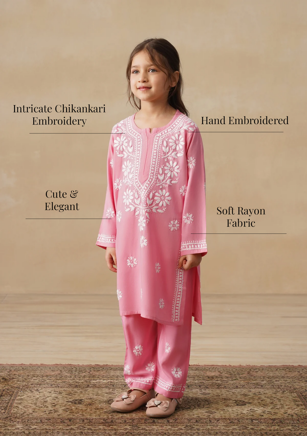 HOC Rayon Chikankari Solid Girls 2 PC Long Kurta Set - Pink