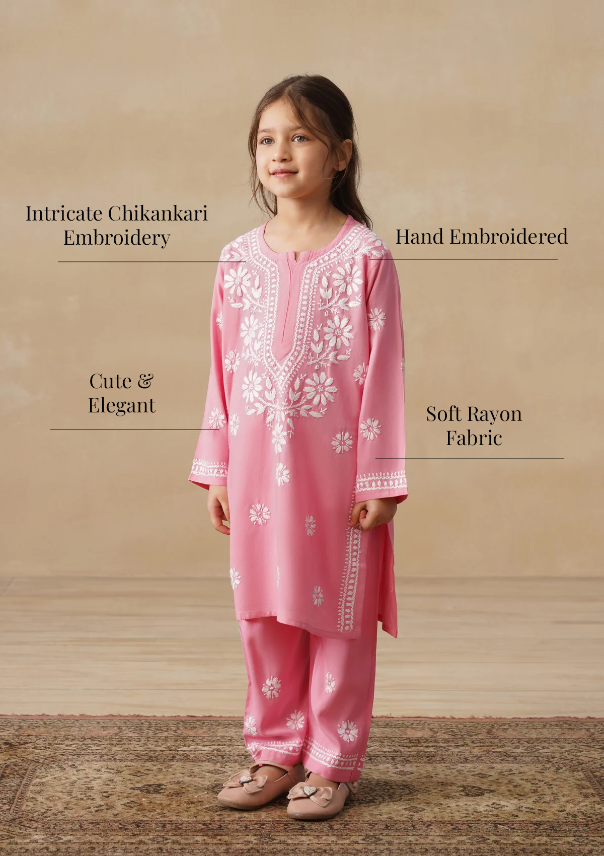 HOC Rayon Chikankari Solid Girls 2 PC Long Kurta Set - Pink