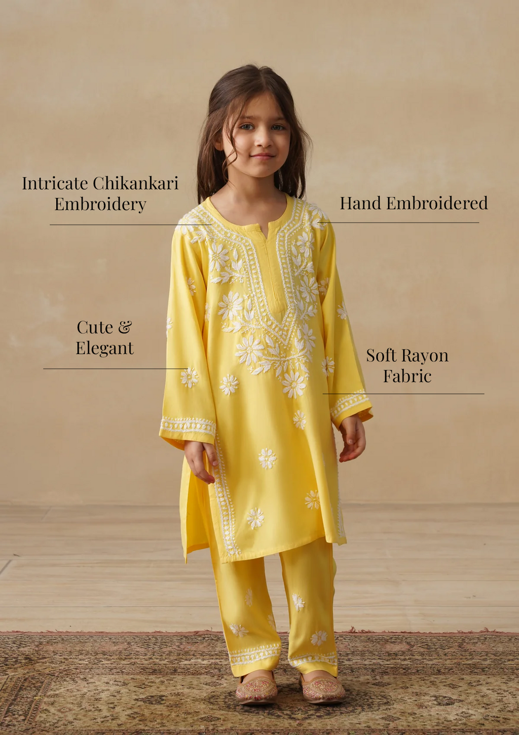 HOC Rayon Chikankari Solid Girls 2 PC Long Kurta Set - Yellow