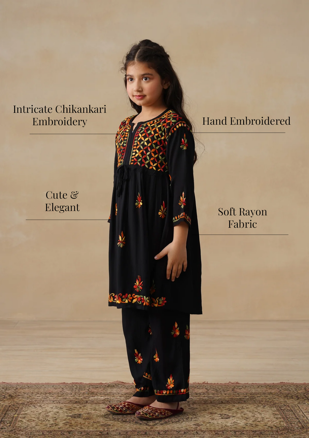 HOC Rayon Chikankari Solid Girls 2 PC Long Kurta Set - Black
