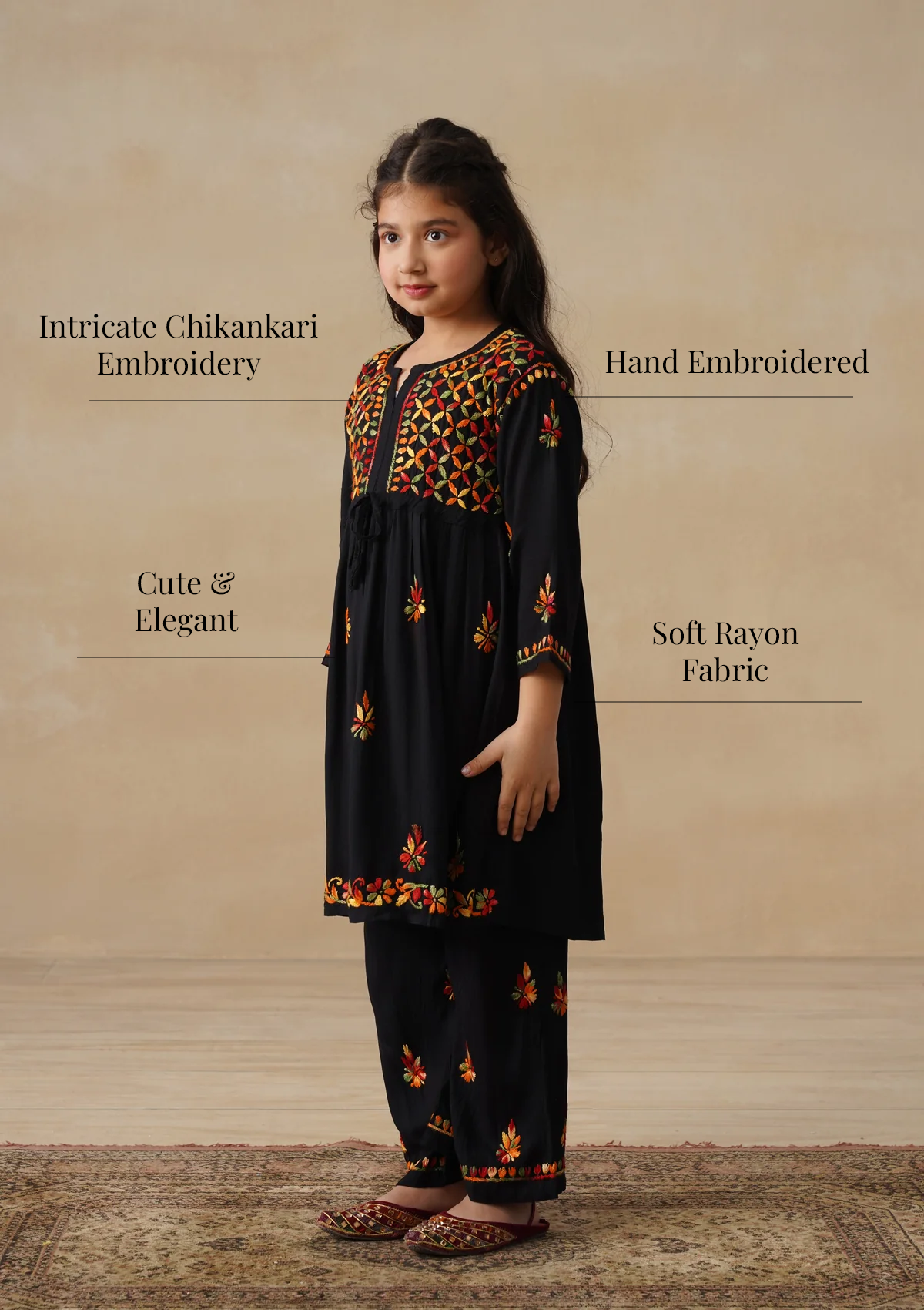 HOC Rayon Chikankari Solid Girls 2 PC Long Kurta Set - Black