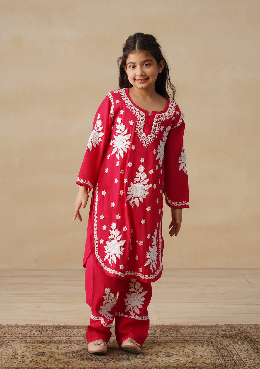 HOC Chanderi Chikankari Solid Girls 2 PC Long Kurta Set - Red