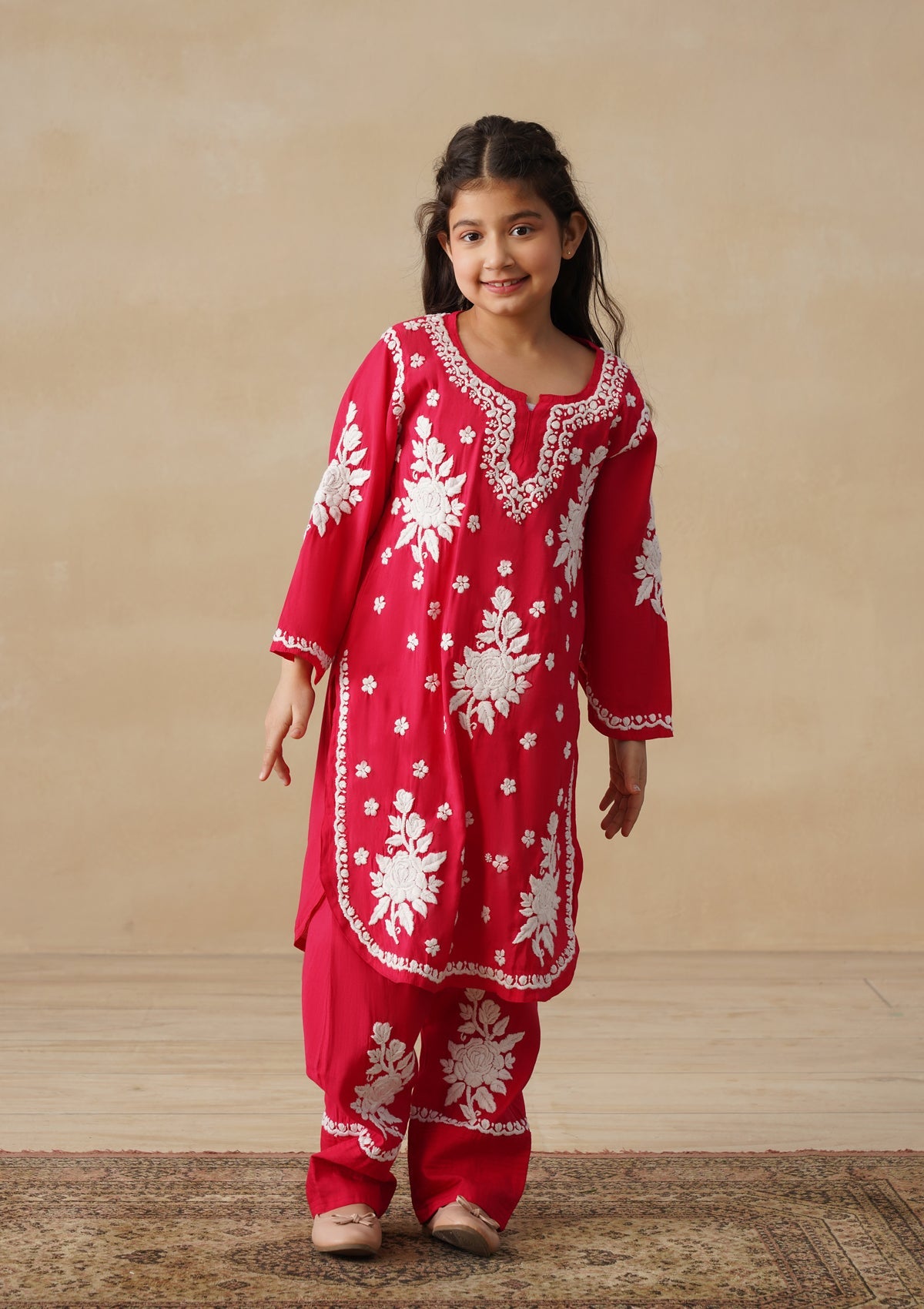 HOC Chanderi Chikankari Solid Girls 2 PC Long Kurta Set - Red