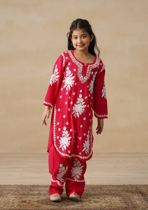 HOC Chanderi Chikankari Solid Girls 2 PC Long Kurta Set - Red