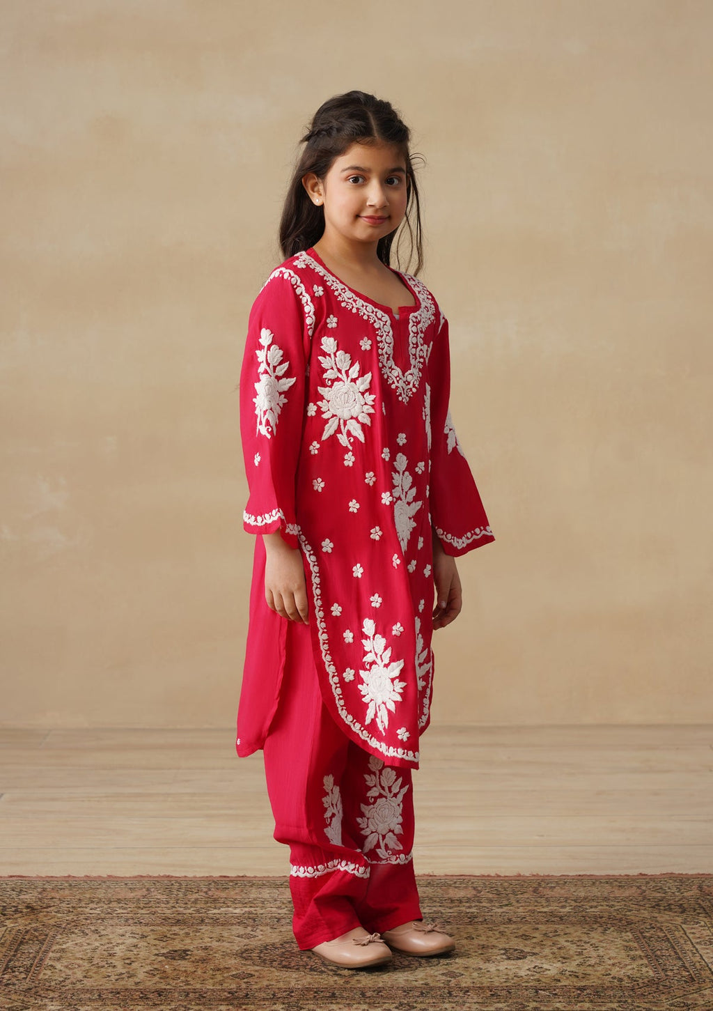 HOC Chanderi Chikankari Solid Girls 2 PC Long Kurta Set - Red