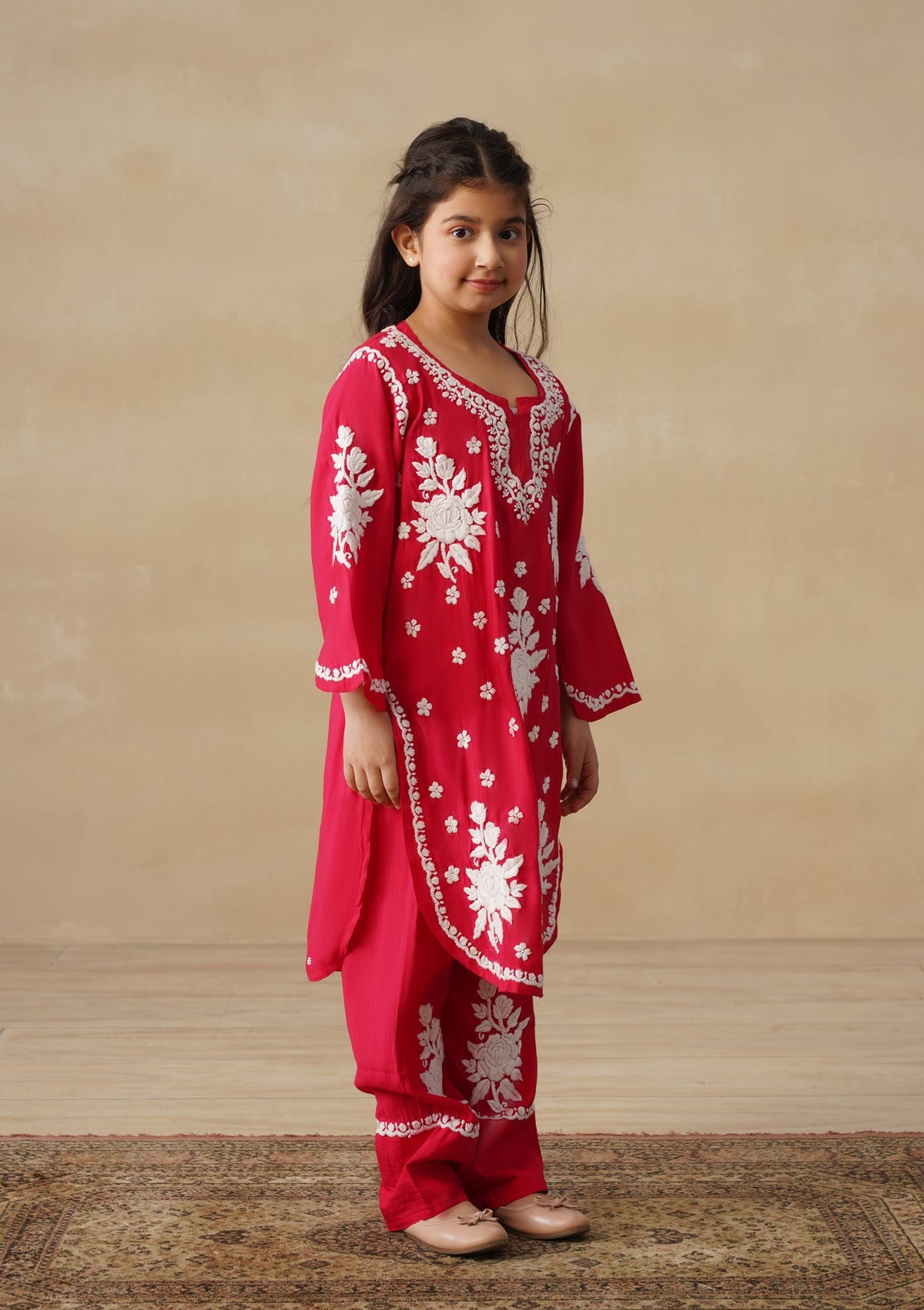 HOC Chanderi Chikankari Solid Girls 2 PC Long Kurta Set - Red