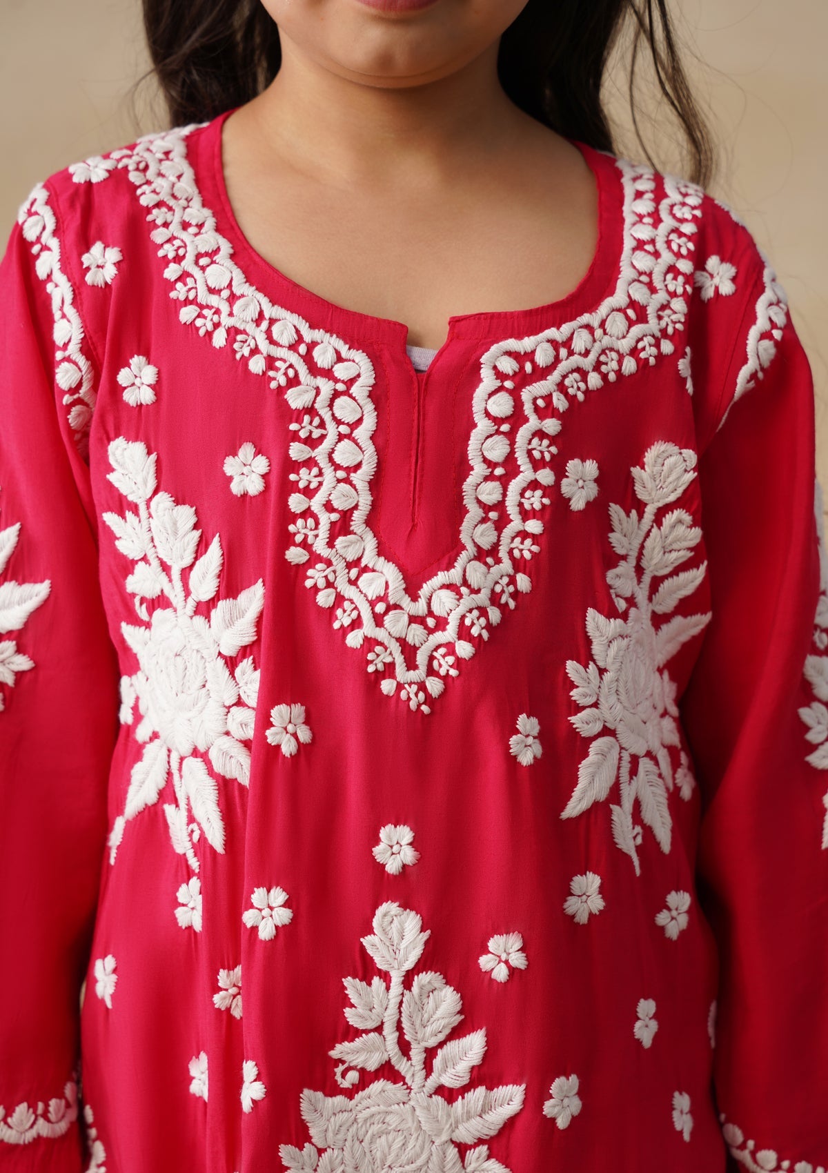 HOC Chanderi Chikankari Solid Girls 2 PC Long Kurta Set - Red