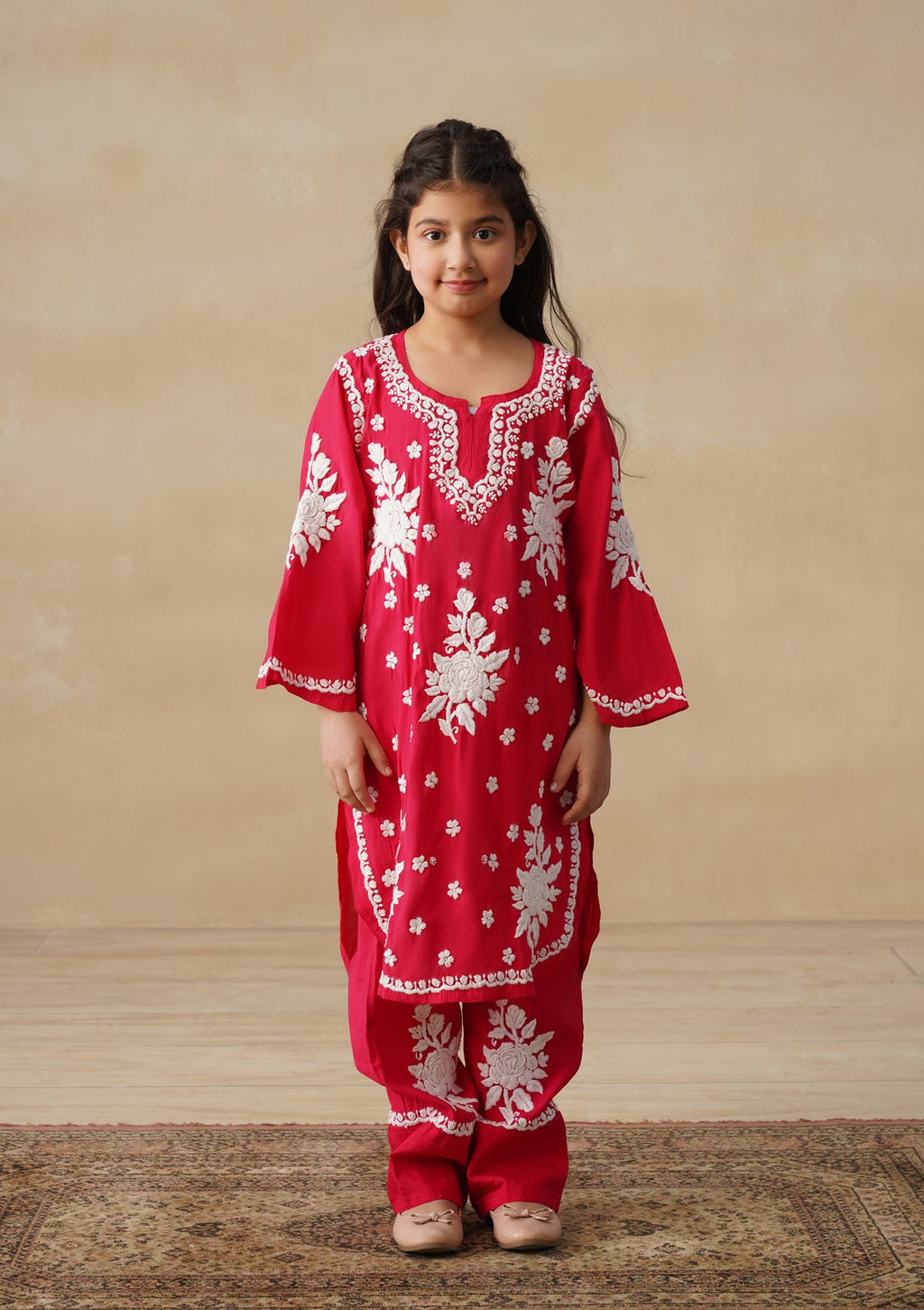 HOC Chanderi Chikankari Solid Girls 2 PC Long Kurta Set - Red