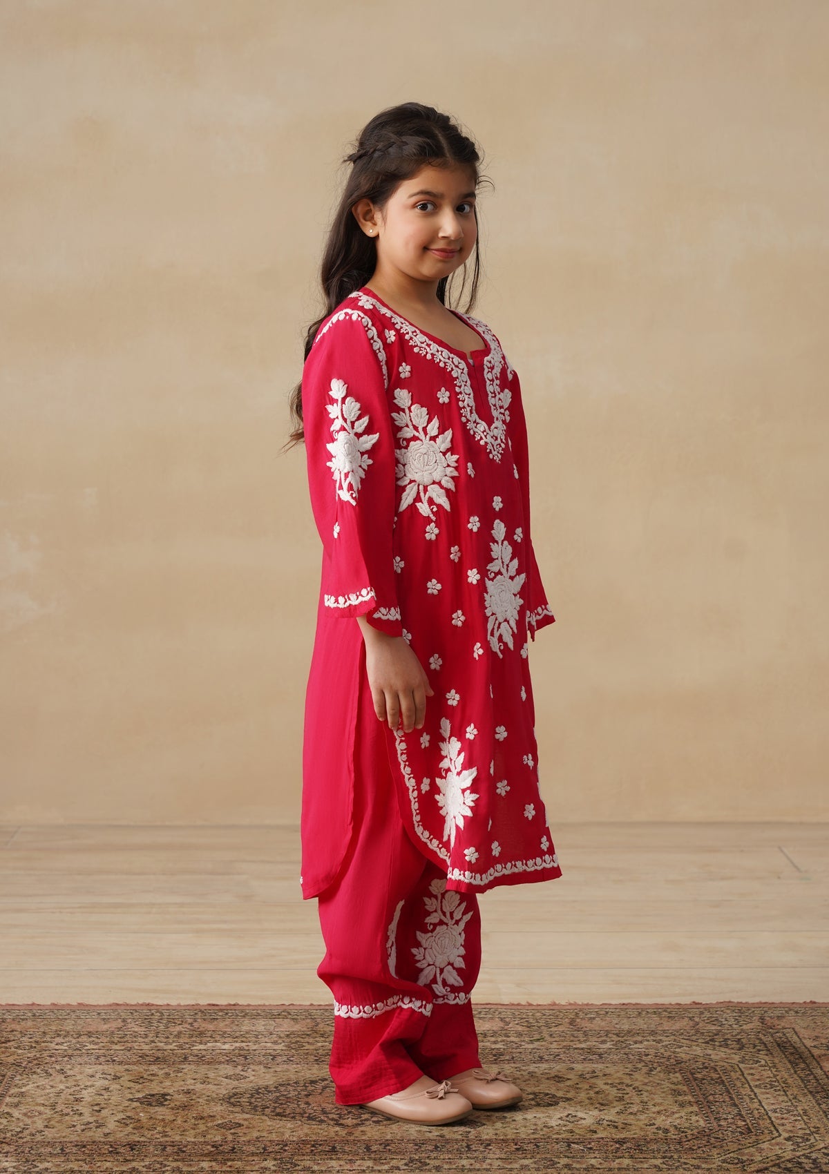 HOC Chanderi Chikankari Solid Girls 2 PC Long Kurta Set - Red