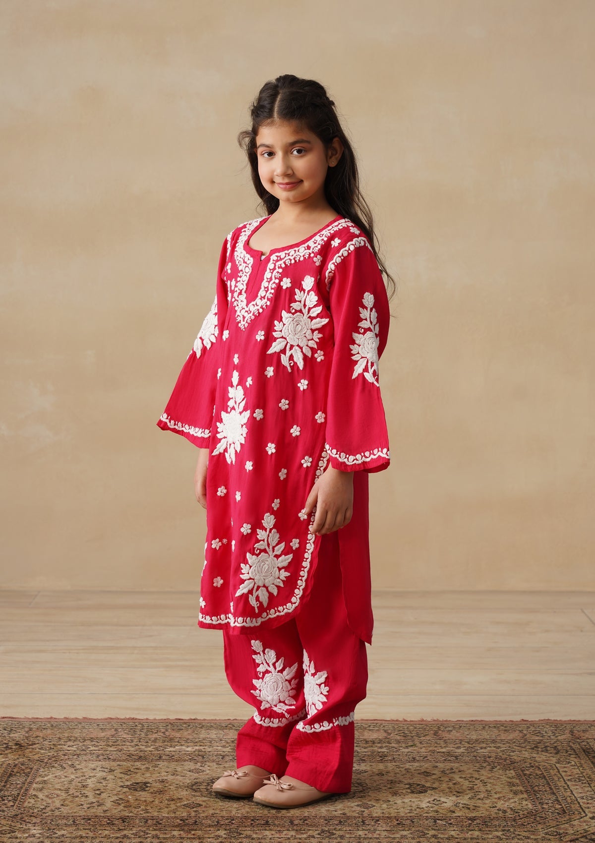 HOC Chanderi Chikankari Solid Girls 2 PC Long Kurta Set - Red