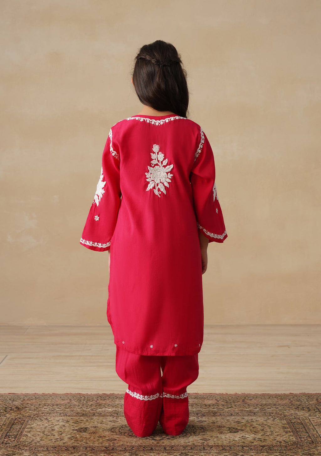 HOC Chanderi Chikankari Solid Girls 2 PC Long Kurta Set - Red