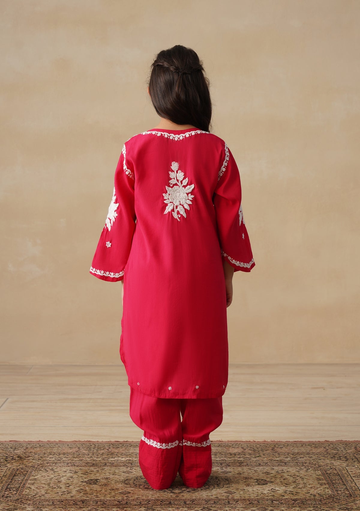 HOC Chanderi Chikankari Solid Girls 2 PC Long Kurta Set - Red