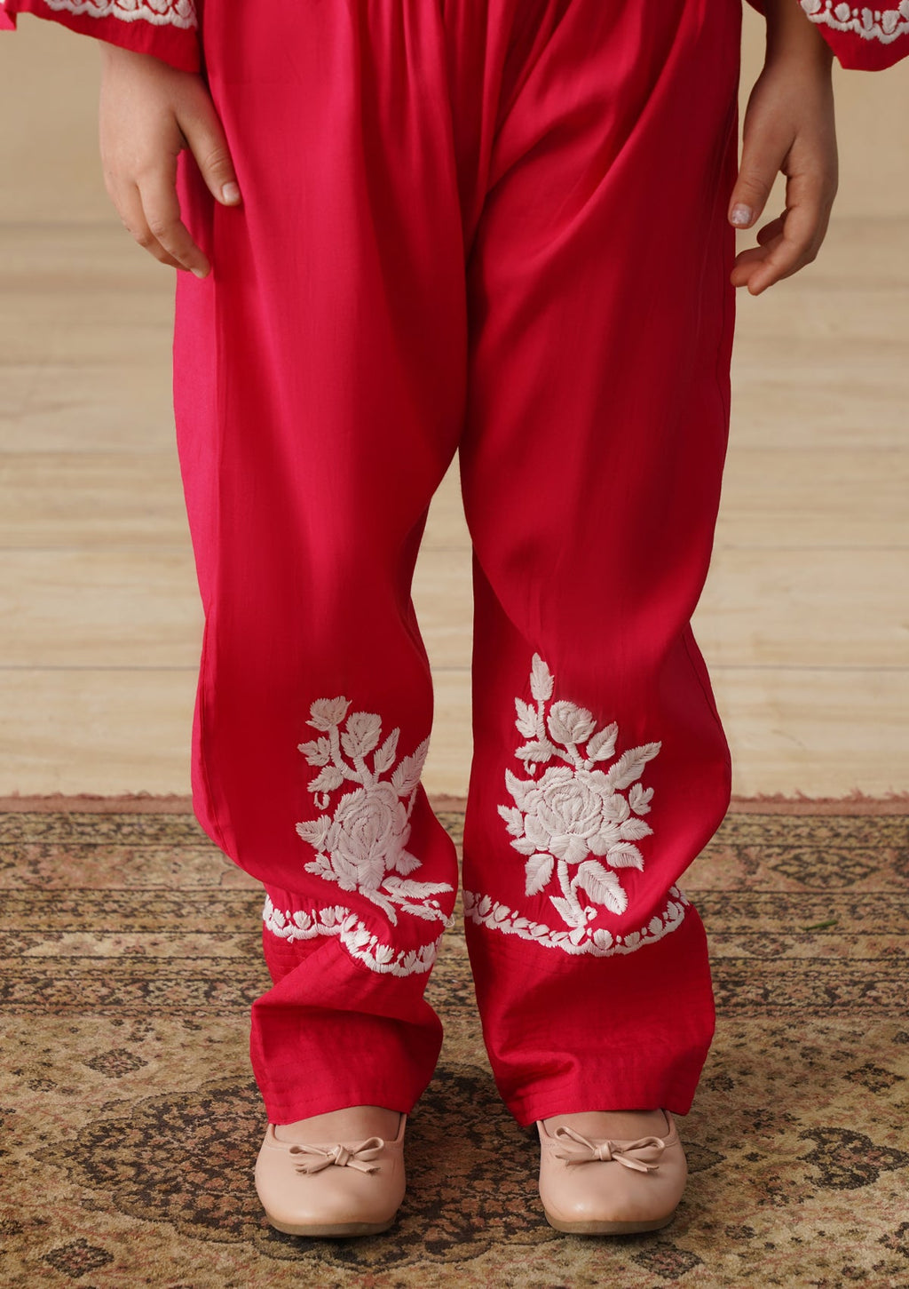 HOC Chanderi Chikankari Solid Girls 2 PC Long Kurta Set - Red