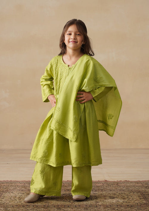 HOC Chanderi Chikankari Solid Girls 3 PC Long Kurta Set - Green