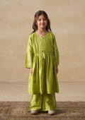 HOC Chanderi Chikankari Solid Girls 3 PC Long Kurta Set - Green