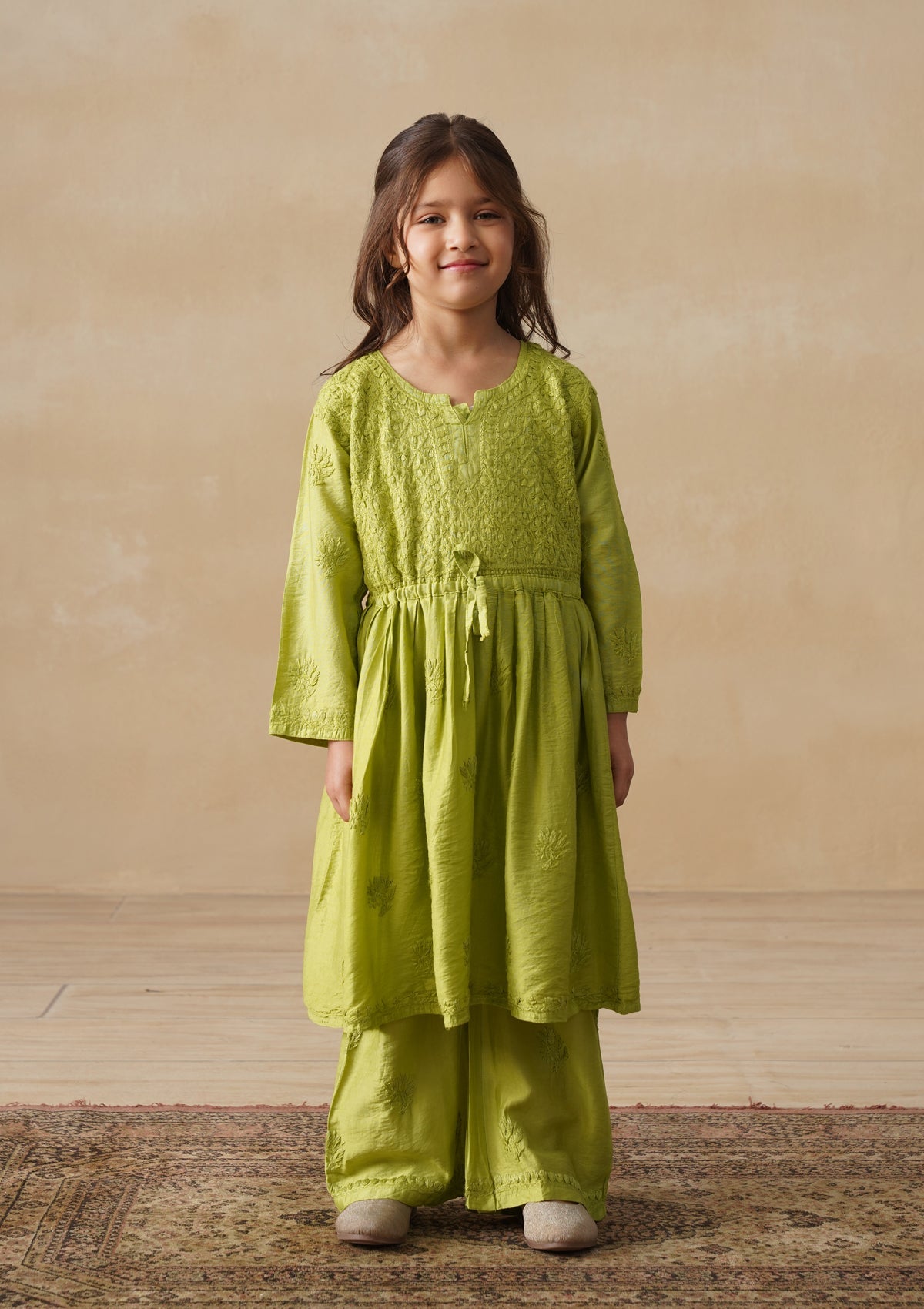 HOC Chanderi Chikankari Solid Girls 3 PC Long Kurta Set - Green