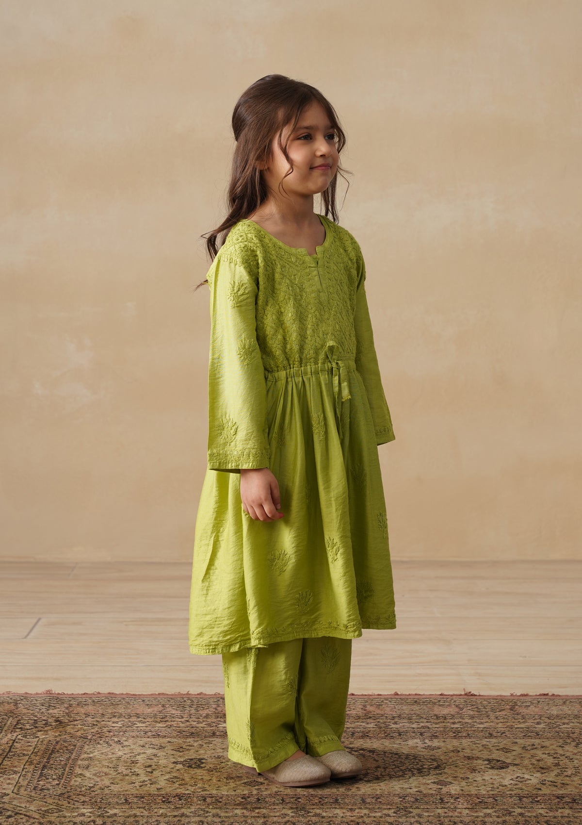 HOC Chanderi Chikankari Solid Girls 3 PC Long Kurta Set - Green