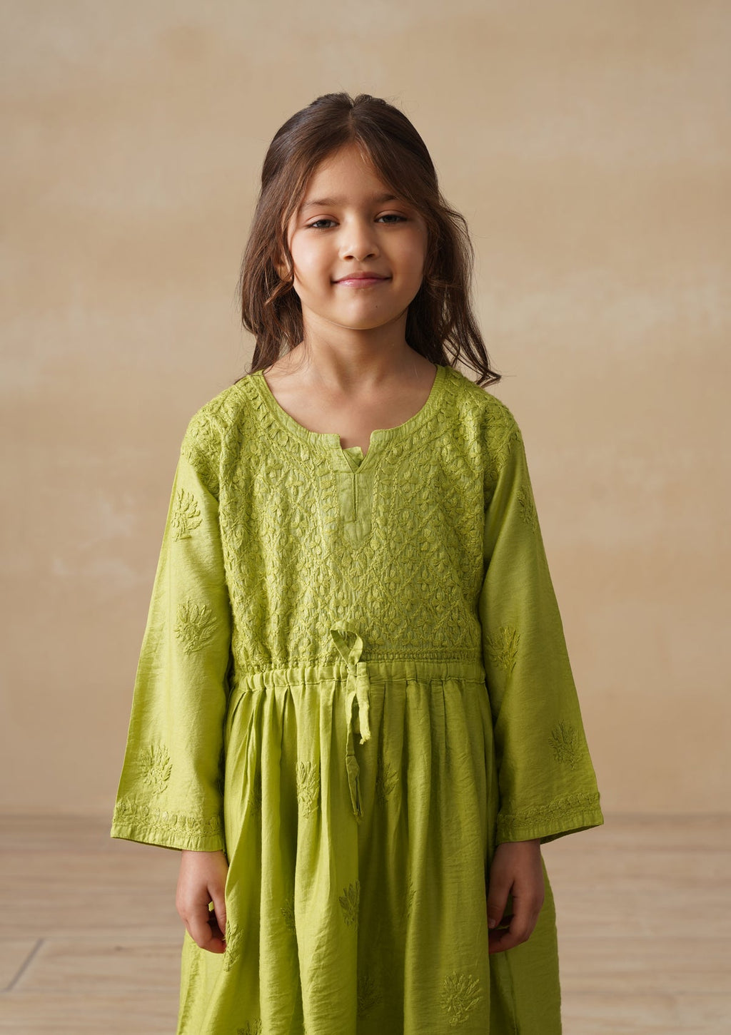 HOC Chanderi Chikankari Solid Girls 3 PC Long Kurta Set - Green