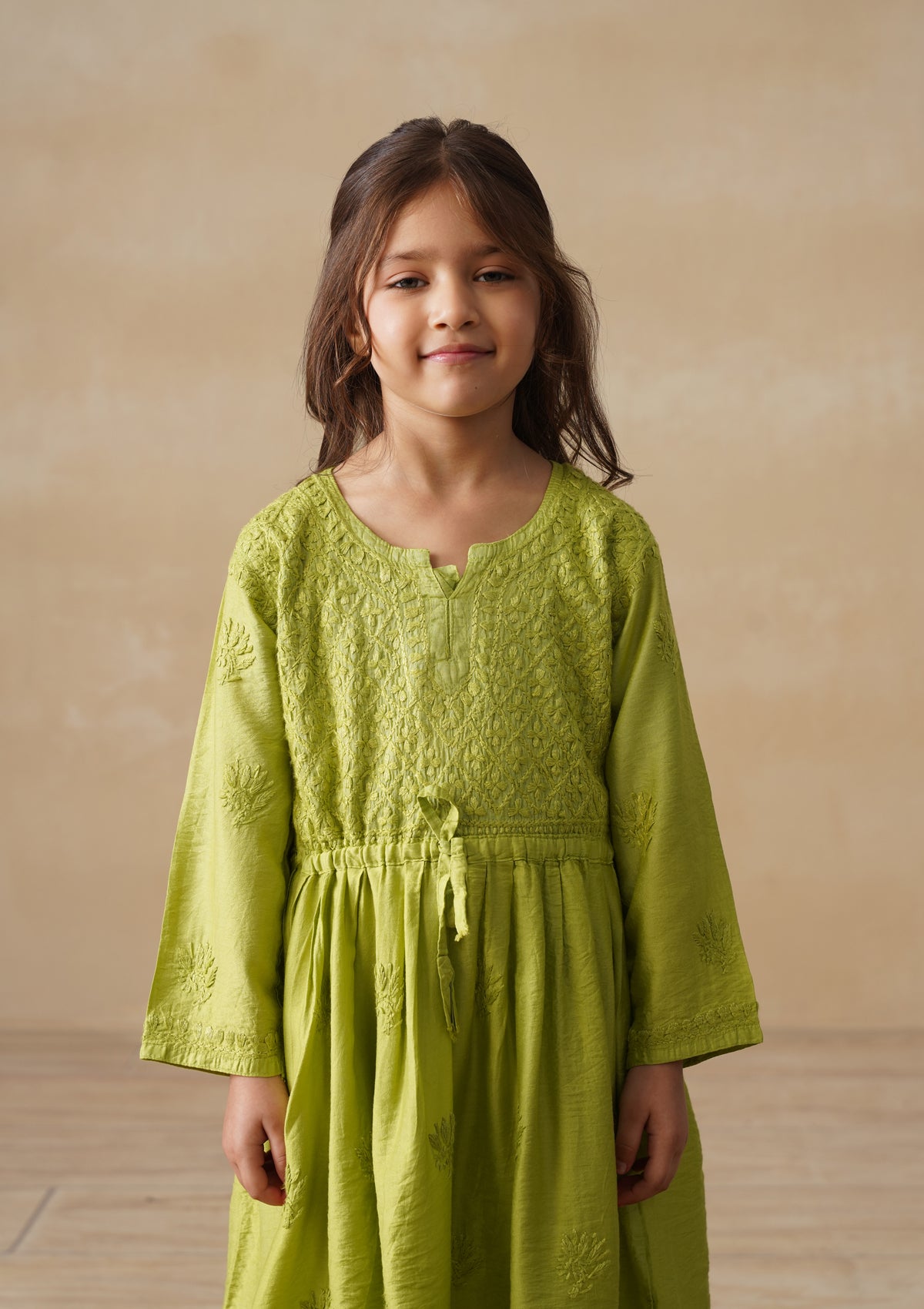 HOC Chanderi Chikankari Solid Girls 3 PC Long Kurta Set - Green