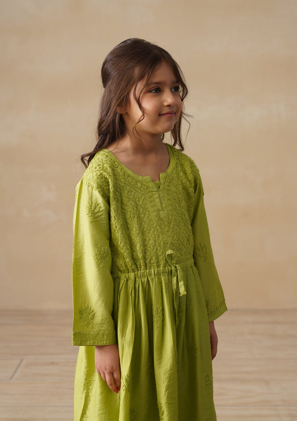 HOC Chanderi Chikankari Solid Girls 3 PC Long Kurta Set - Green