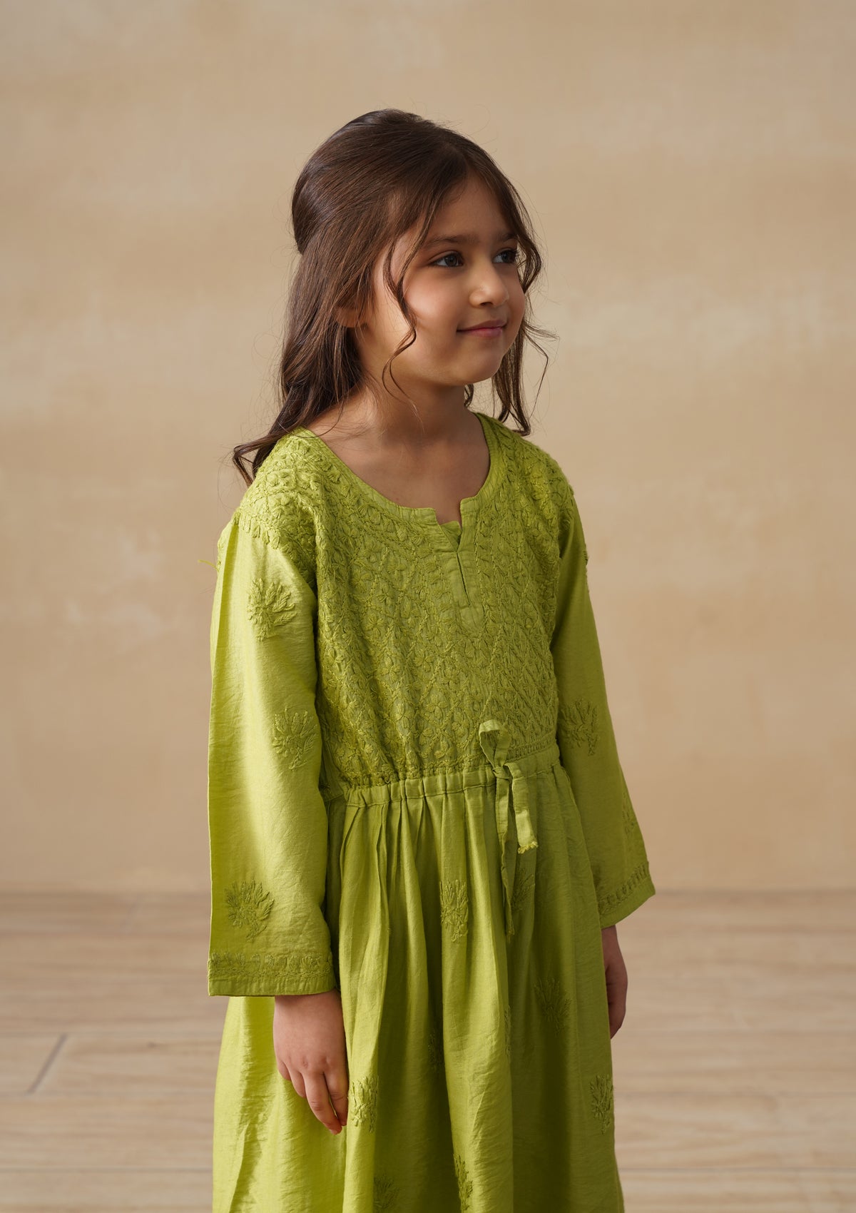 HOC Chanderi Chikankari Solid Girls 3 PC Long Kurta Set - Green