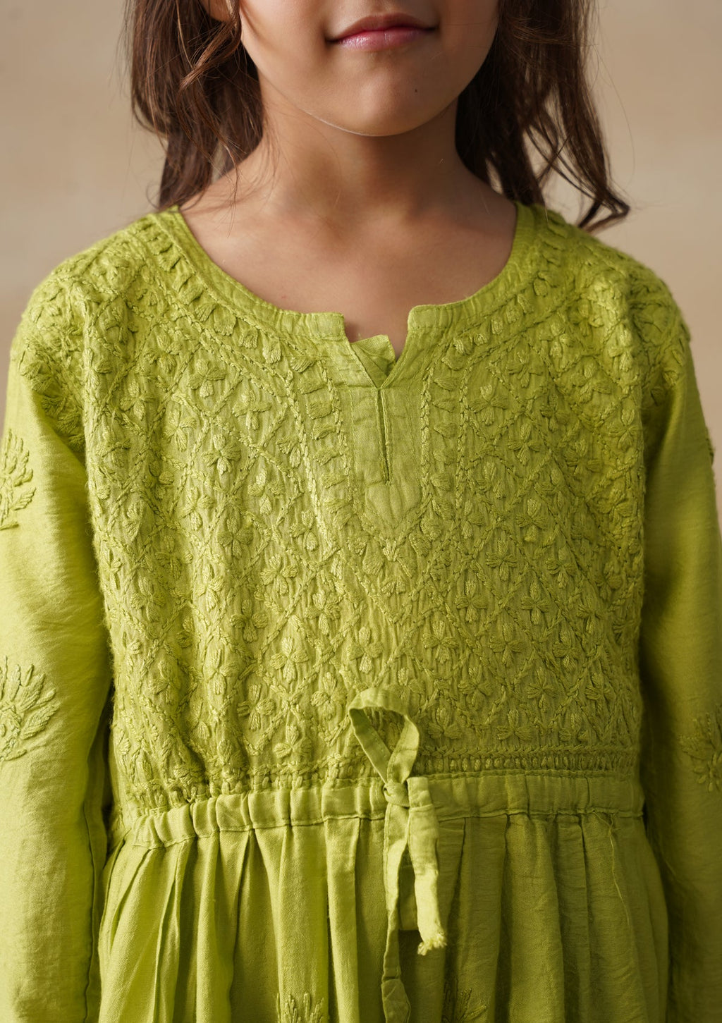 HOC Chanderi Chikankari Solid Girls 3 PC Long Kurta Set - Green