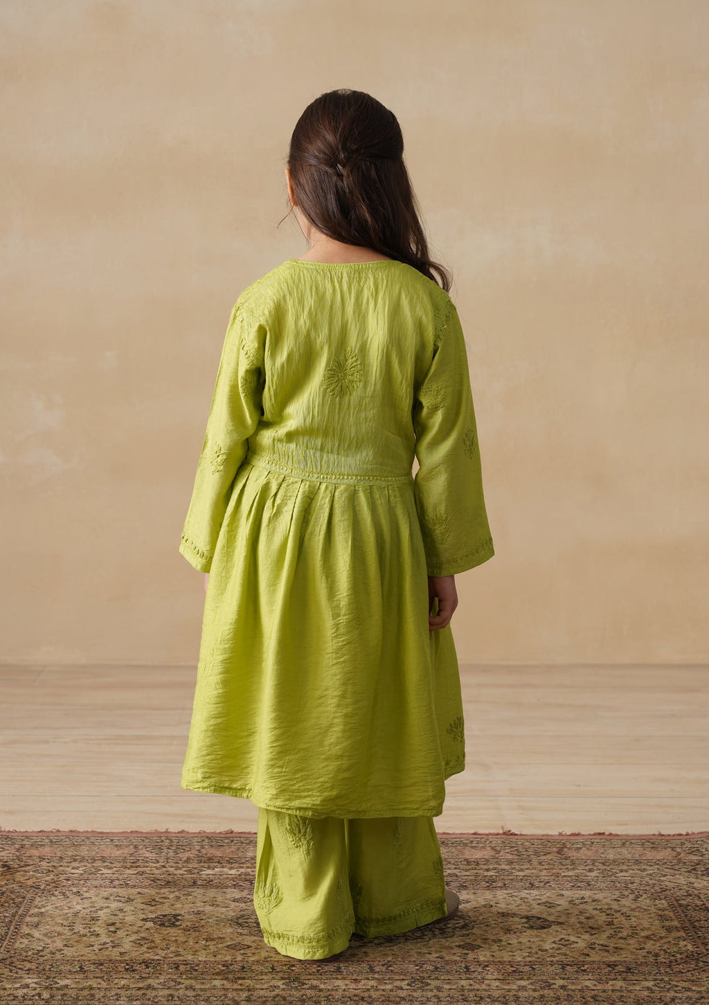 HOC Chanderi Chikankari Solid Girls 3 PC Long Kurta Set - Green