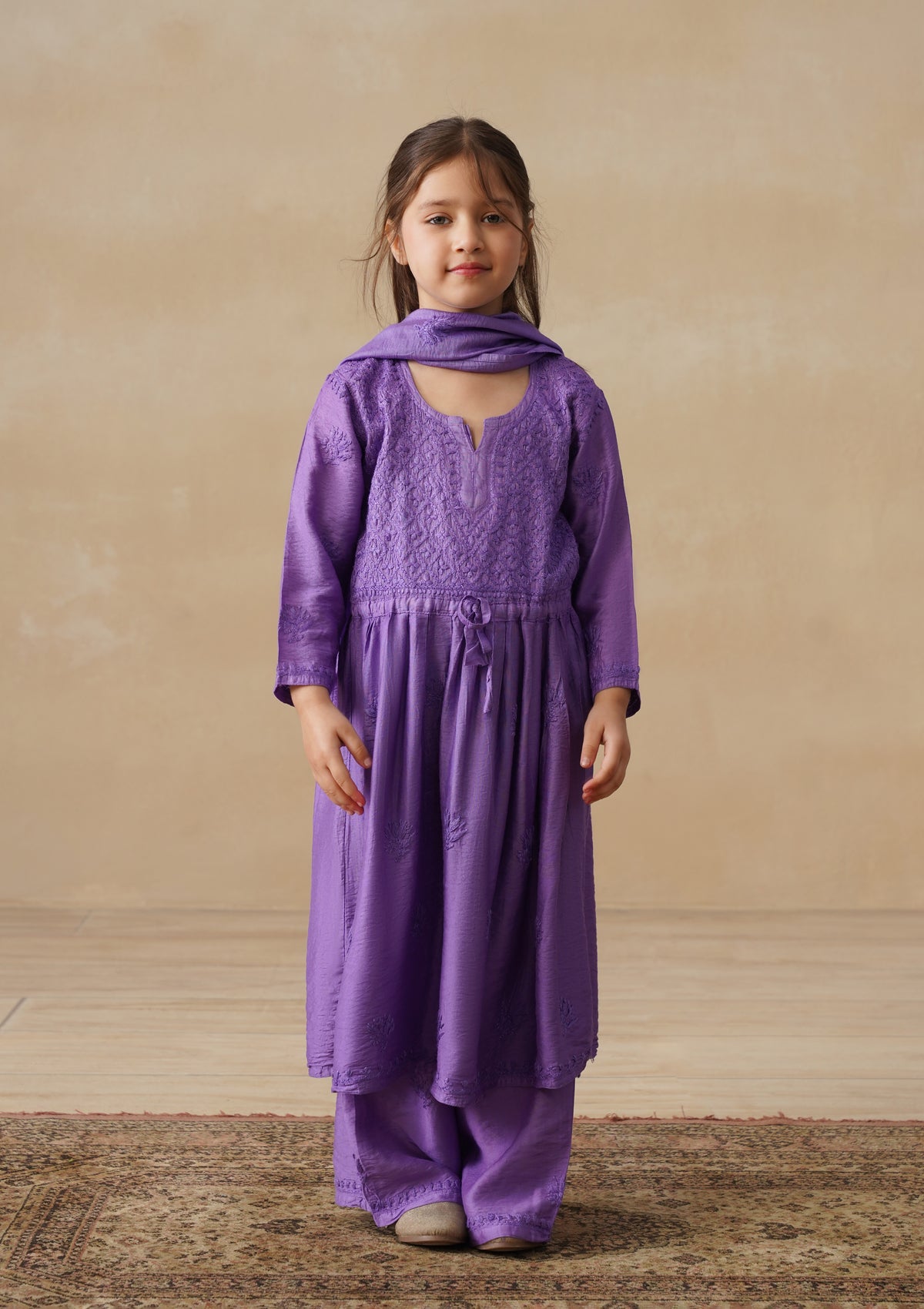 HOC Chanderi Chikankari Solid Girls 3 PC Long Kurta Set - Purple