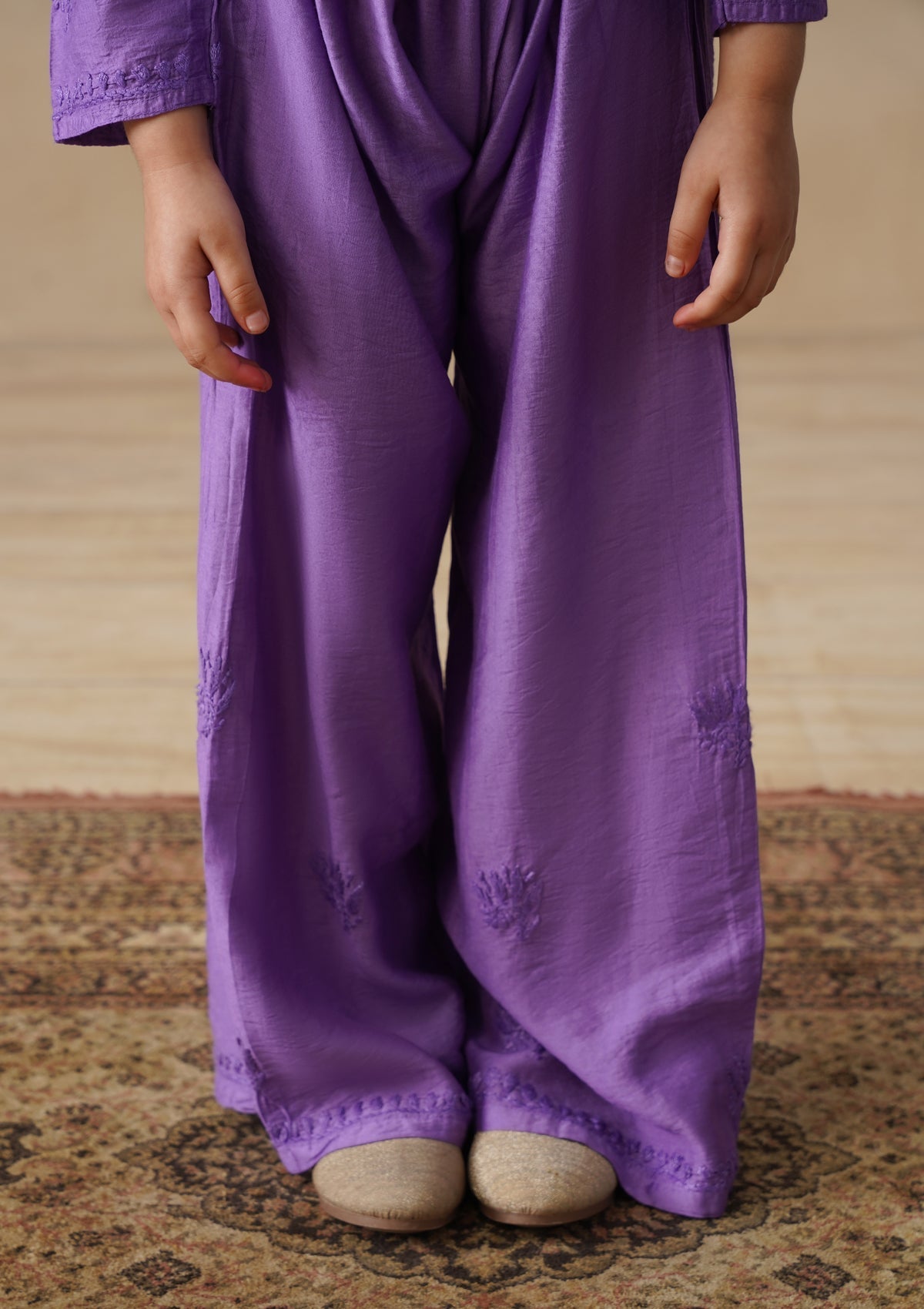 HOC Chanderi Chikankari Solid Girls 3 PC Long Kurta Set - Purple