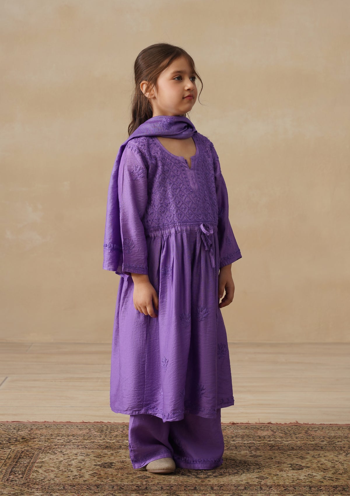 HOC Chanderi Chikankari Solid Girls 3 PC Long Kurta Set - Purple