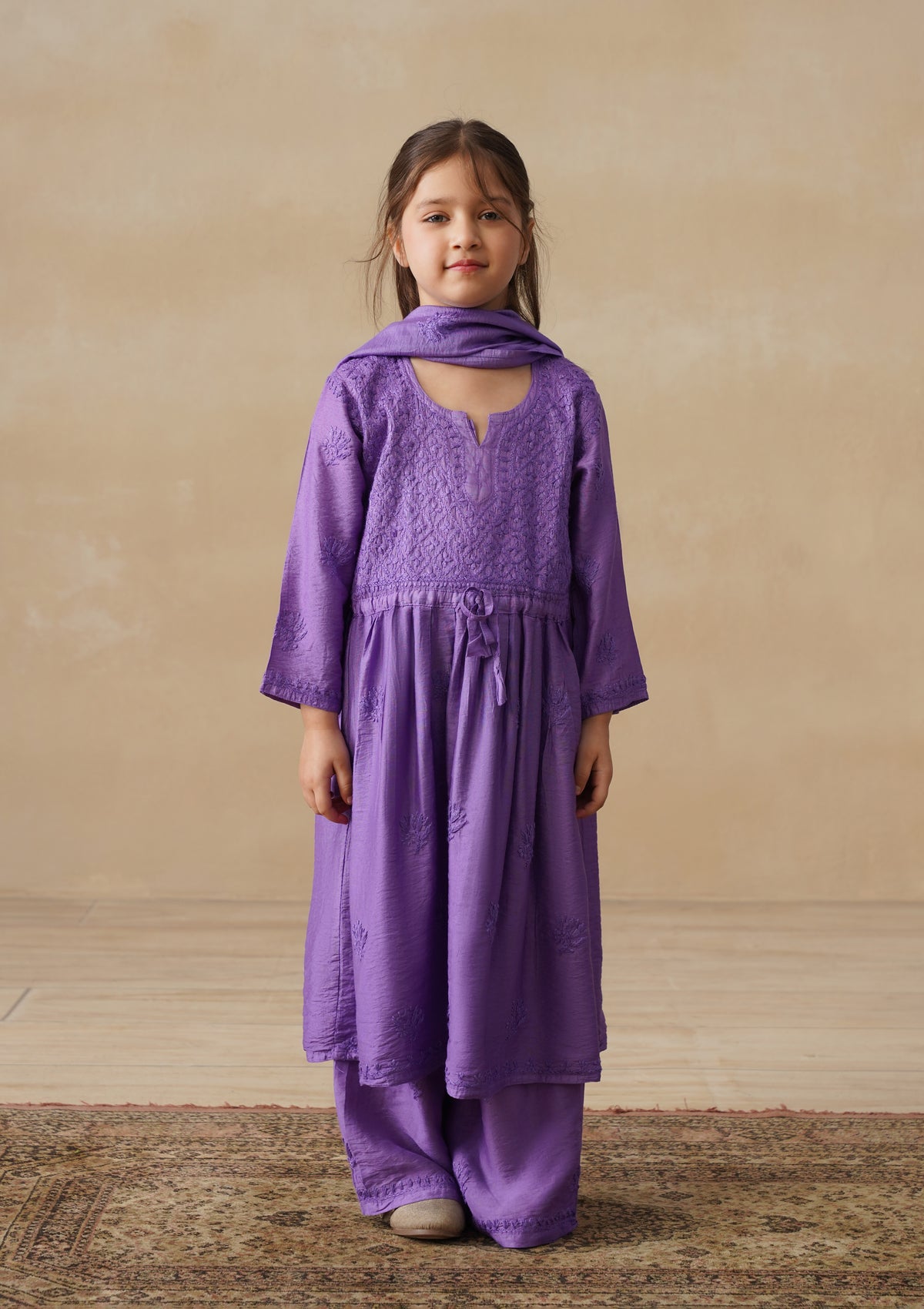 HOC Chanderi Chikankari Solid Girls 3 PC Long Kurta Set - Purple
