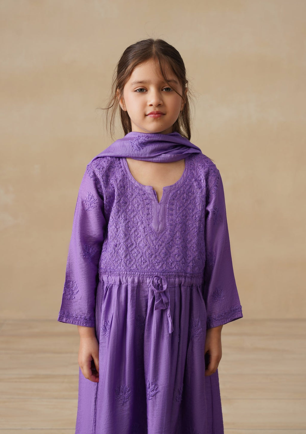 HOC Chanderi Chikankari Solid Girls 3 PC Long Kurta Set - Purple