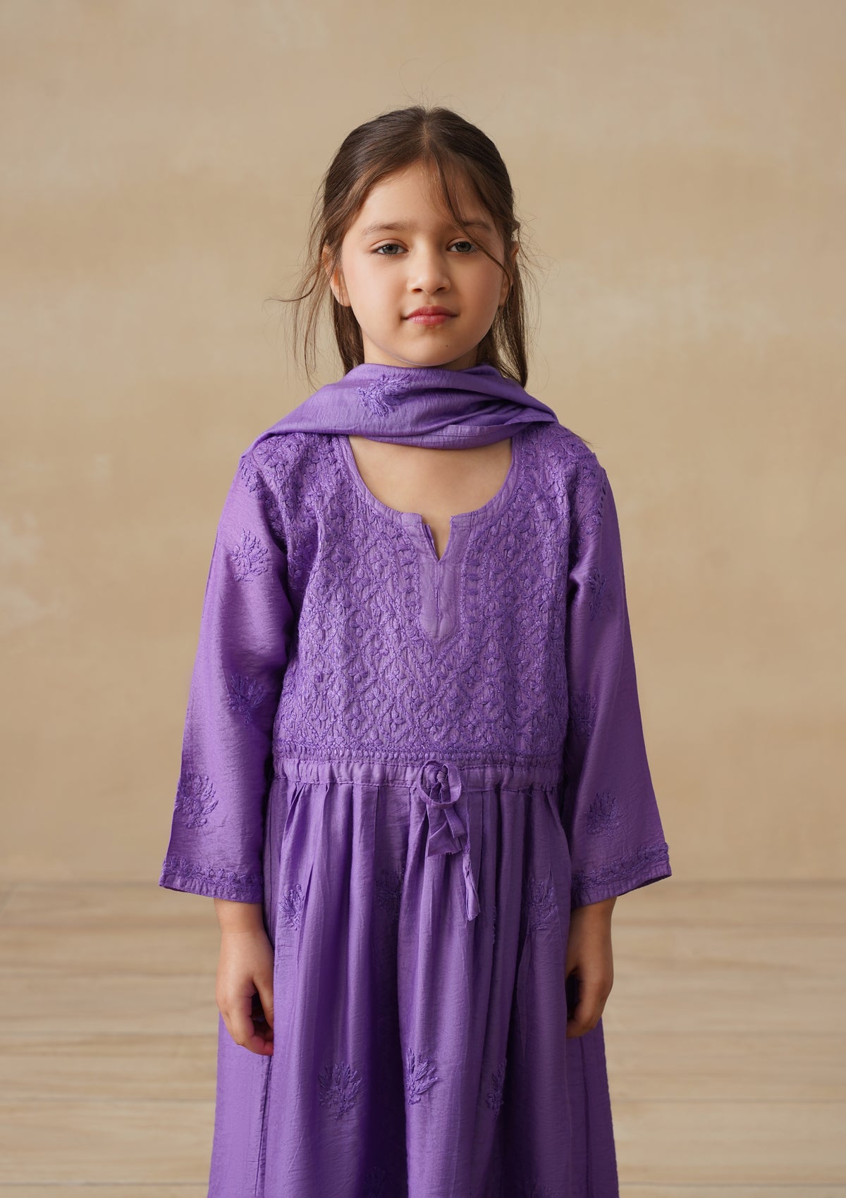 HOC Chanderi Chikankari Solid Girls 3 PC Long Kurta Set - Purple