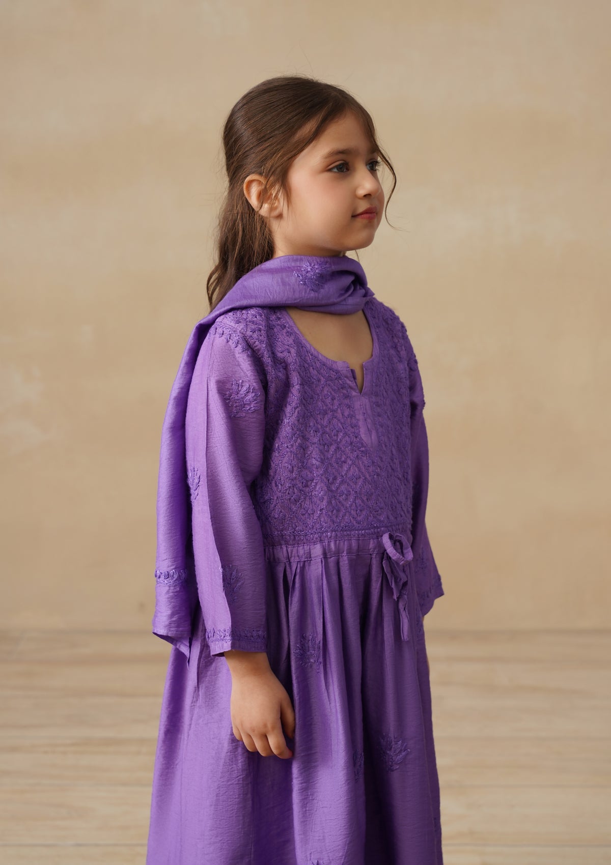 HOC Chanderi Chikankari Solid Girls 3 PC Long Kurta Set - Purple