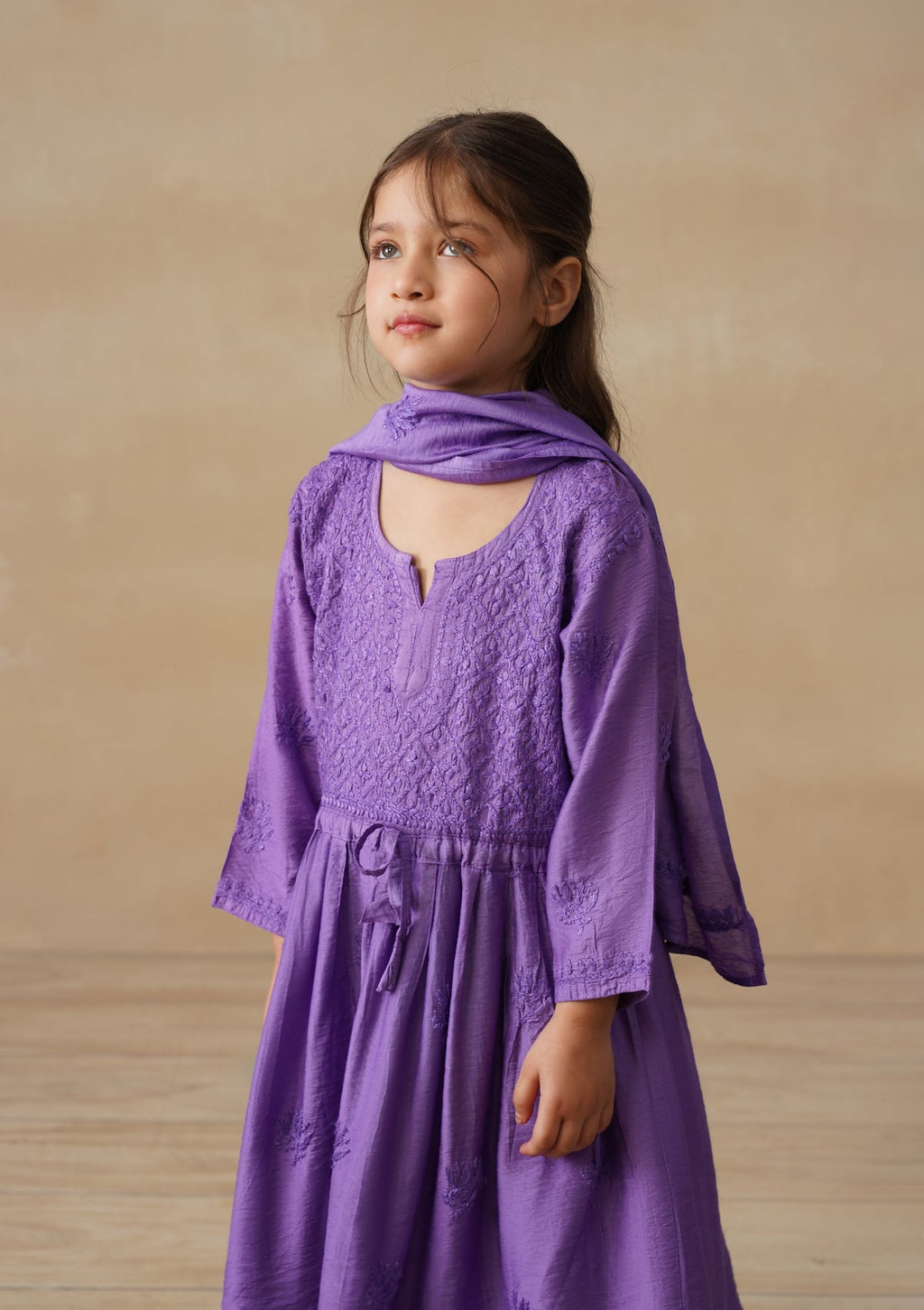 HOC Chanderi Chikankari Solid Girls 3 PC Long Kurta Set - Purple