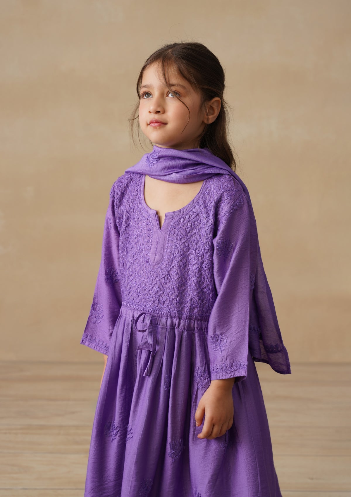 HOC Chanderi Chikankari Solid Girls 3 PC Long Kurta Set - Purple