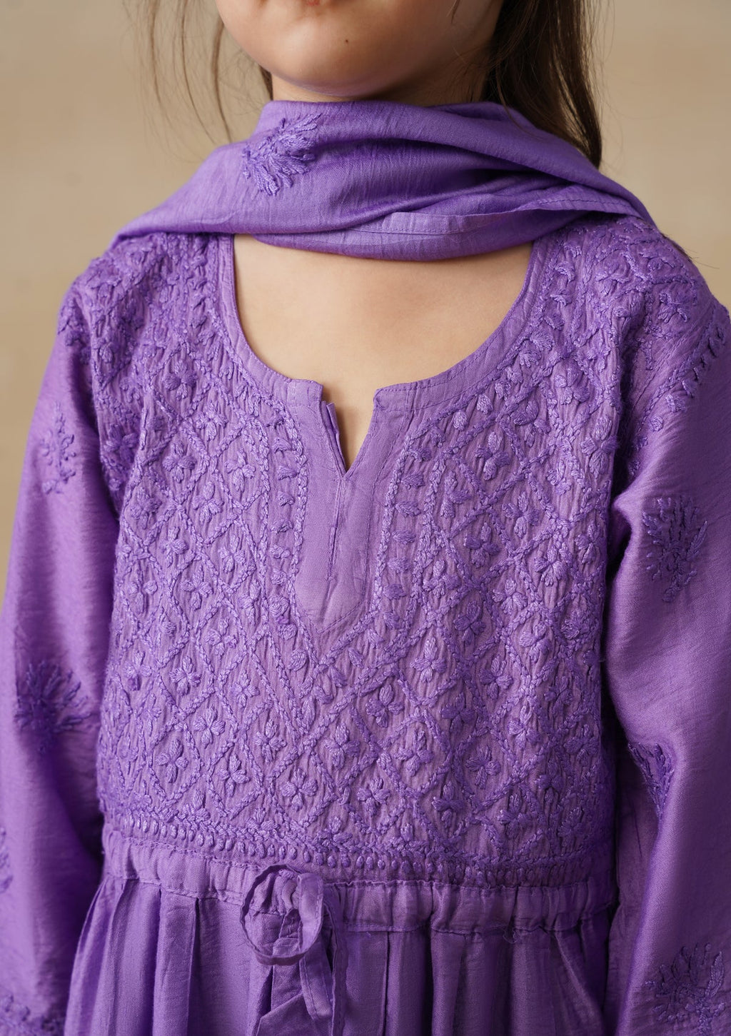 HOC Chanderi Chikankari Solid Girls 3 PC Long Kurta Set - Purple