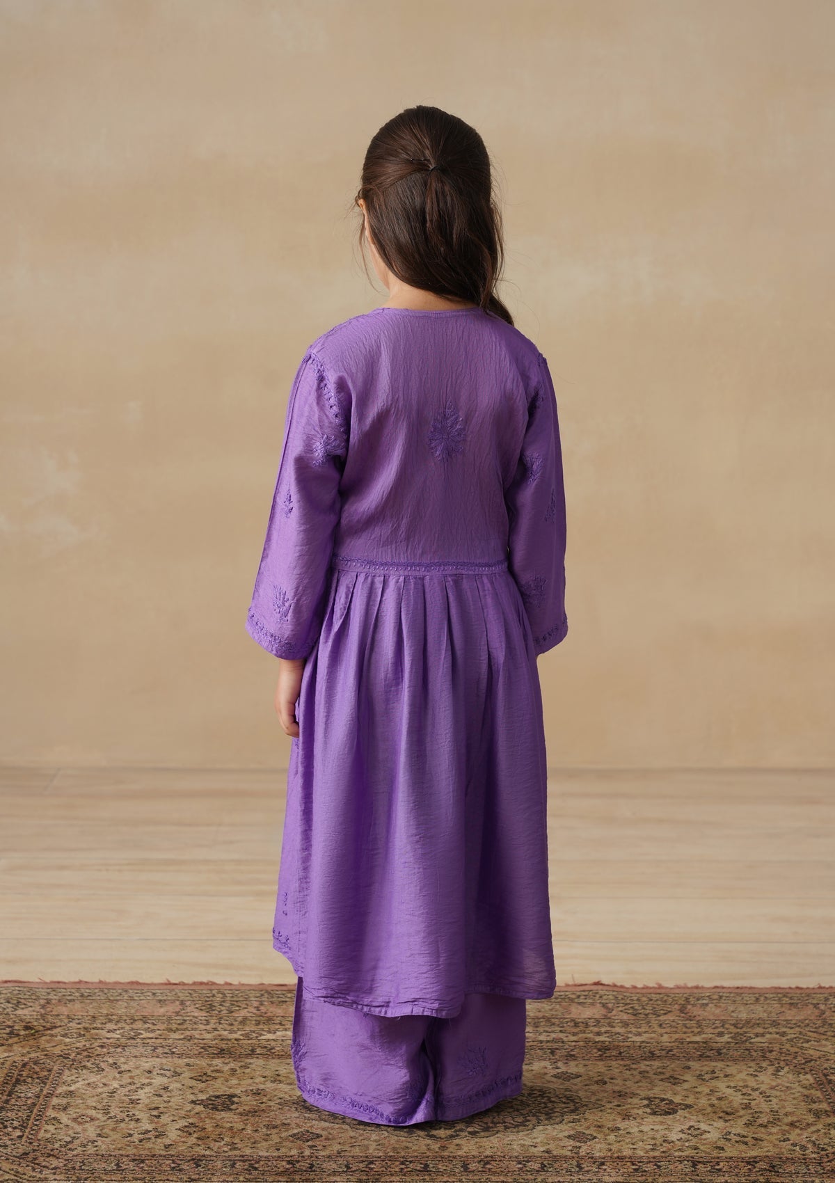 HOC Chanderi Chikankari Solid Girls 3 PC Long Kurta Set - Purple