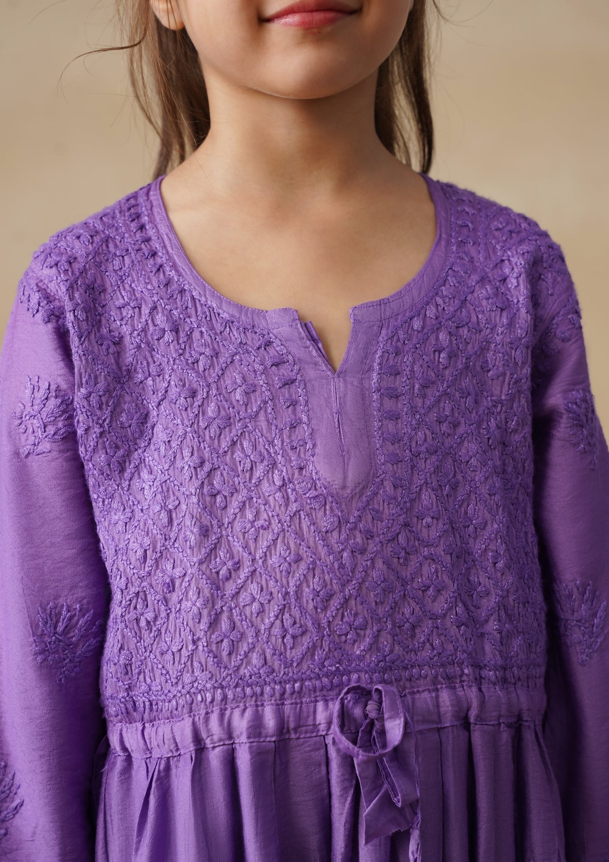 HOC Chanderi Chikankari Solid Girls 3 PC Long Kurta Set - Purple