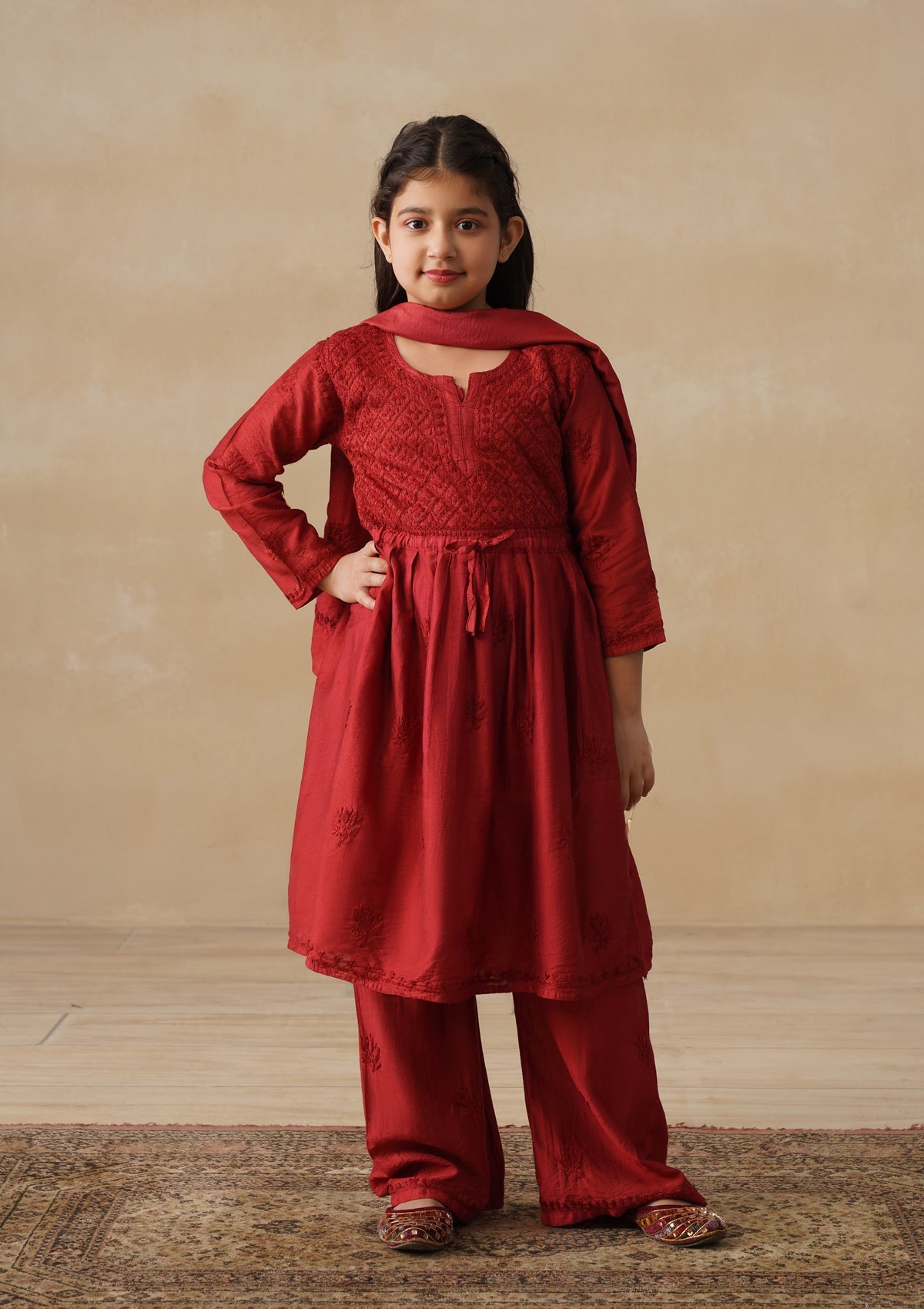 HOC Chanderi Chikankari Solid Girls 3 PC Long Kurta Set - Rust