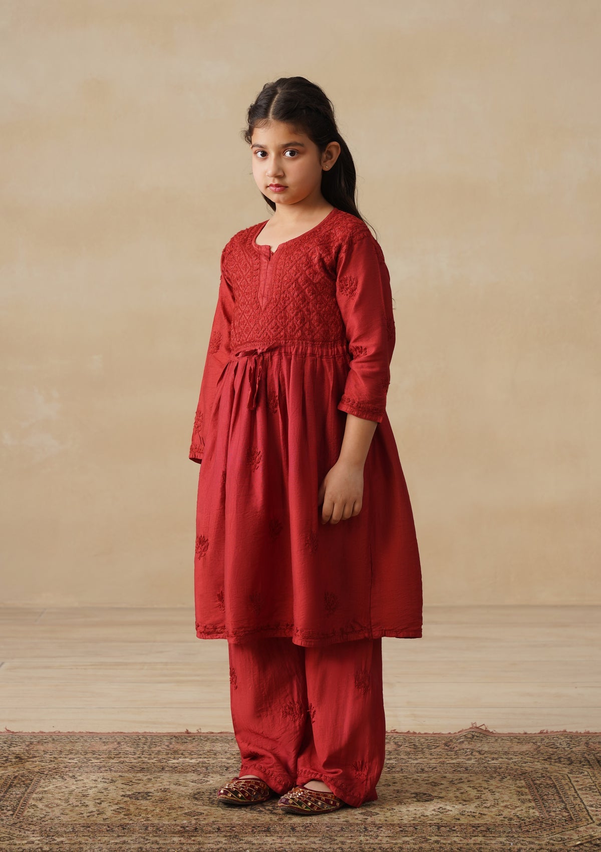 HOC Chanderi Chikankari Solid Girls 3 PC Long Kurta Set - Rust