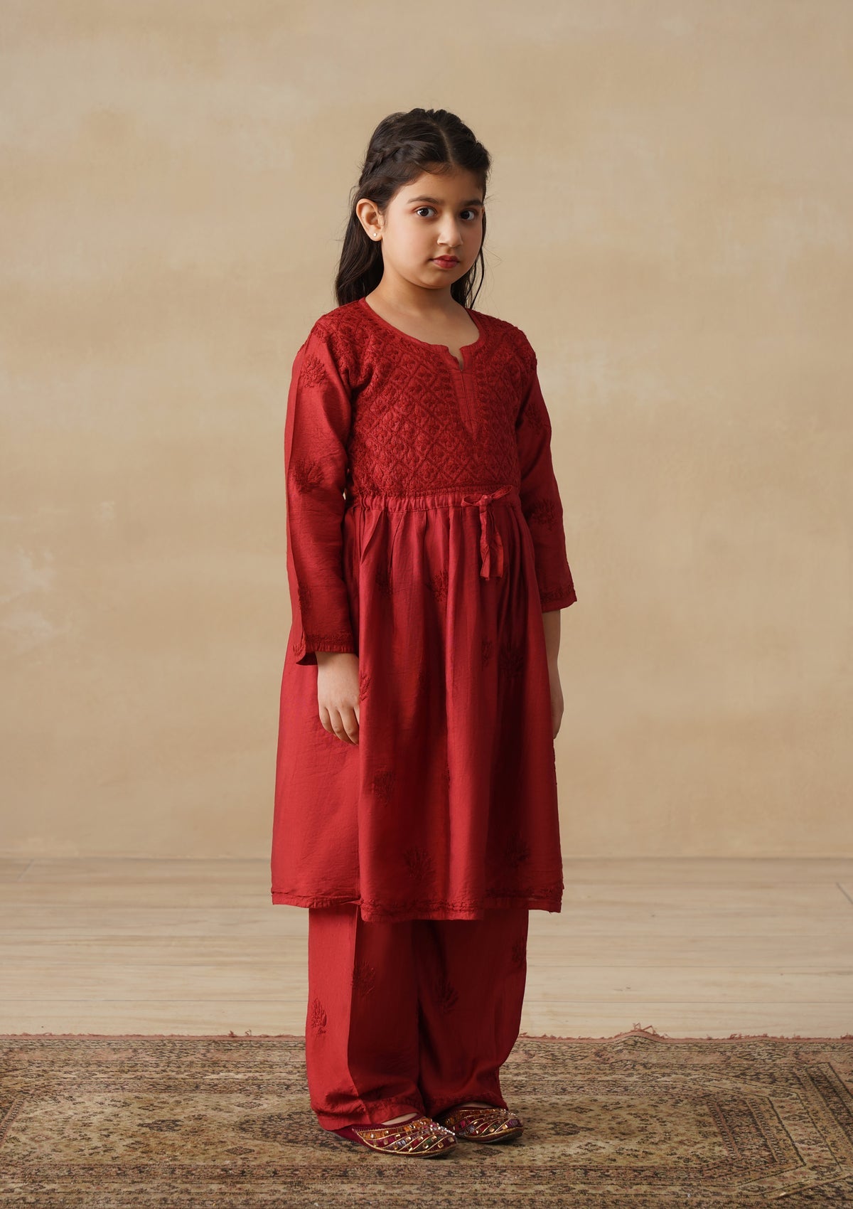 HOC Chanderi Chikankari Solid Girls 3 PC Long Kurta Set - Rust